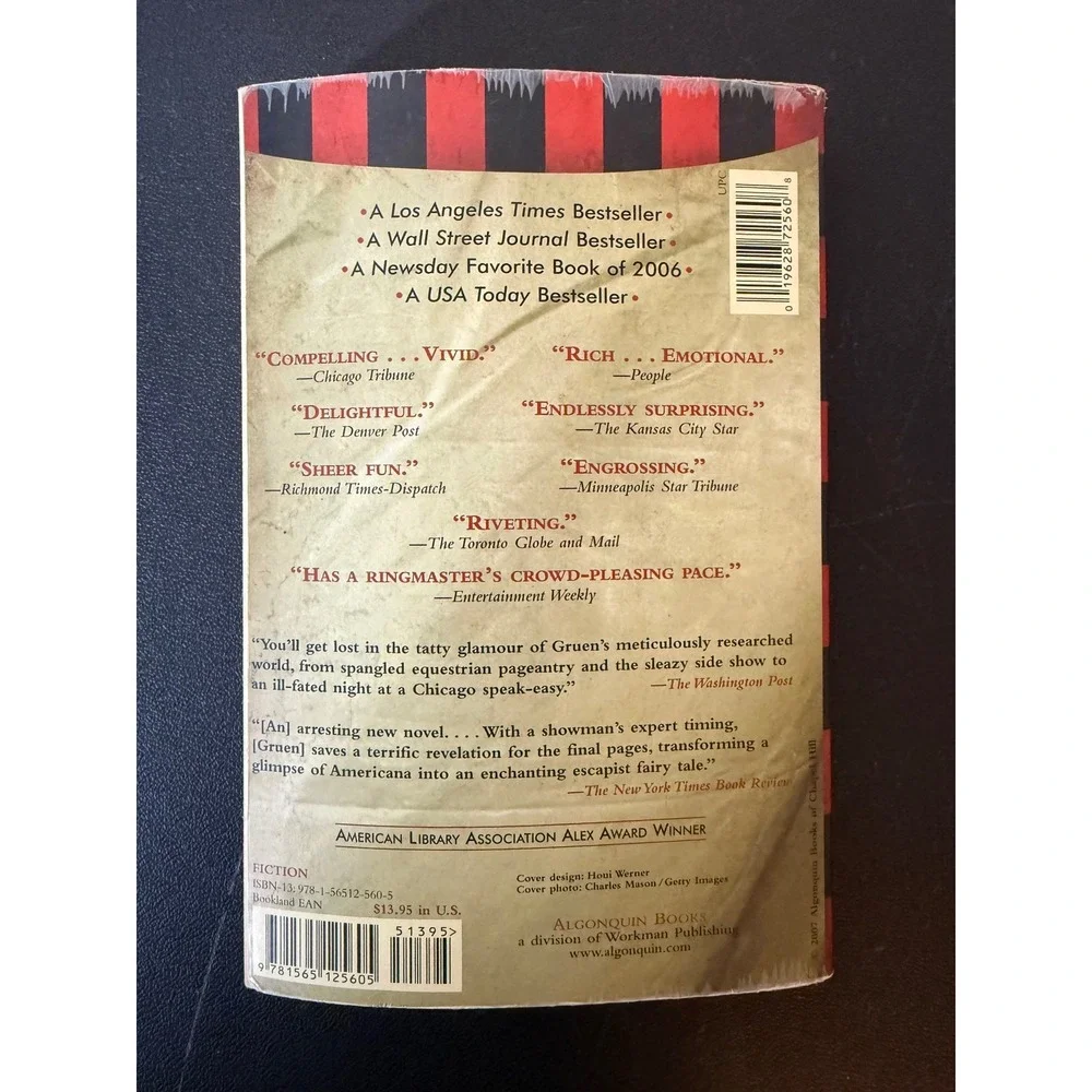 Water for Elephants by Sara Gruen Paperback Historical Fiction Circus Novel 2007
